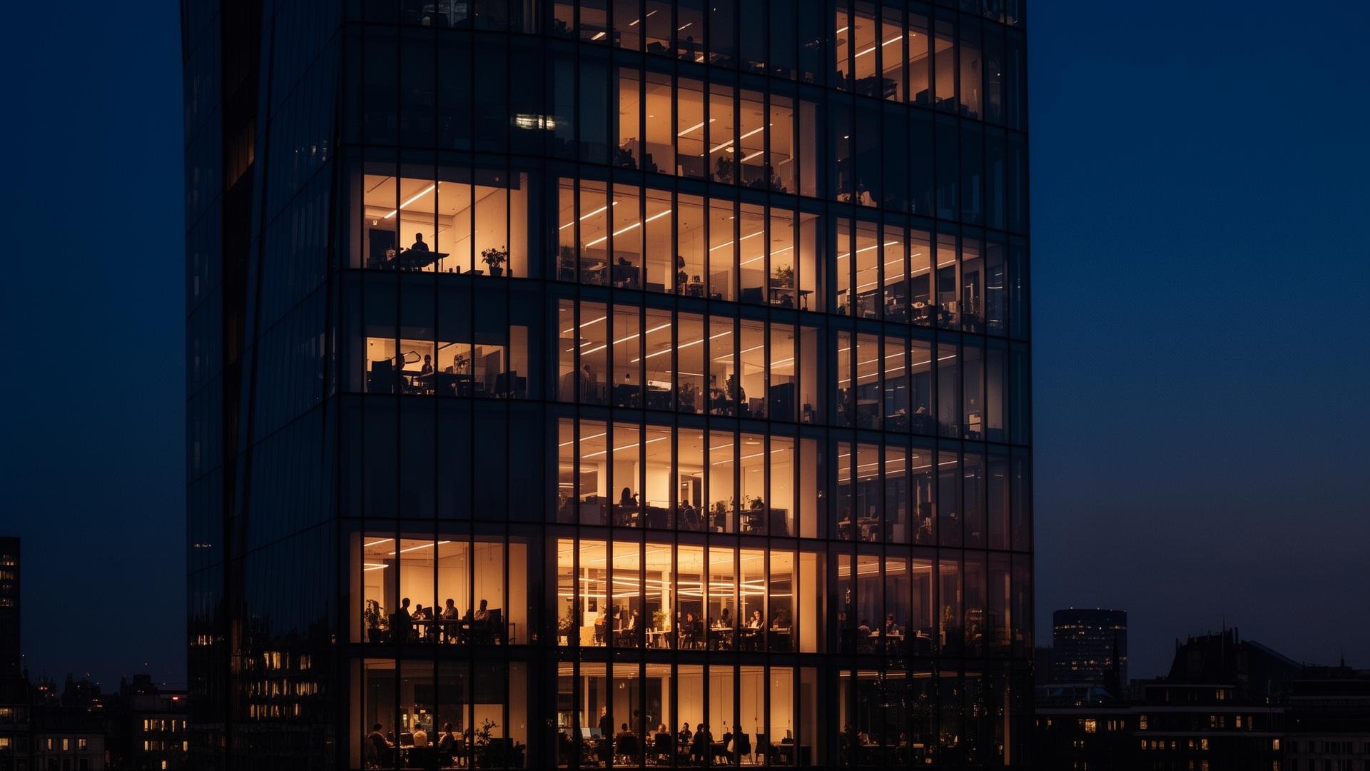 London tech office tower at dusk